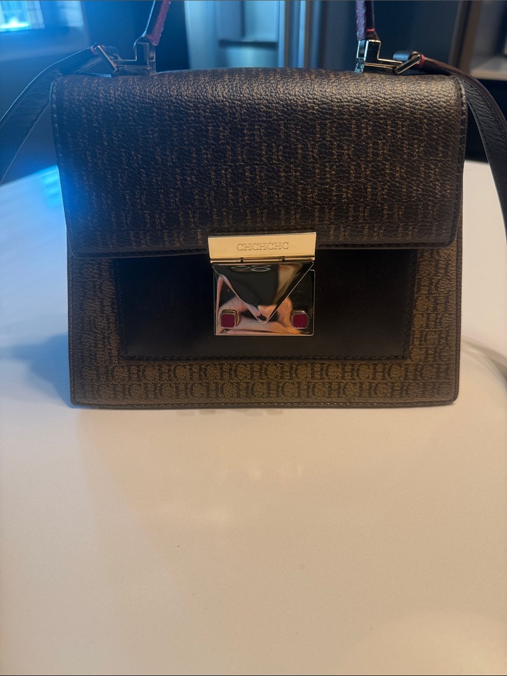 Carolina Herrera Brown Monogram Satchel with Gold-Tone Clasp